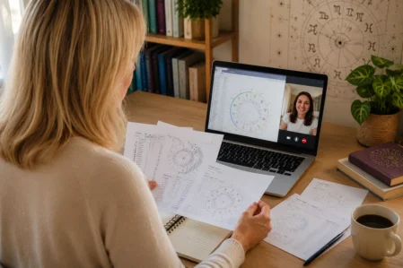 Astrologue réalisant une consultation astrologique<br />personnalisée à distance